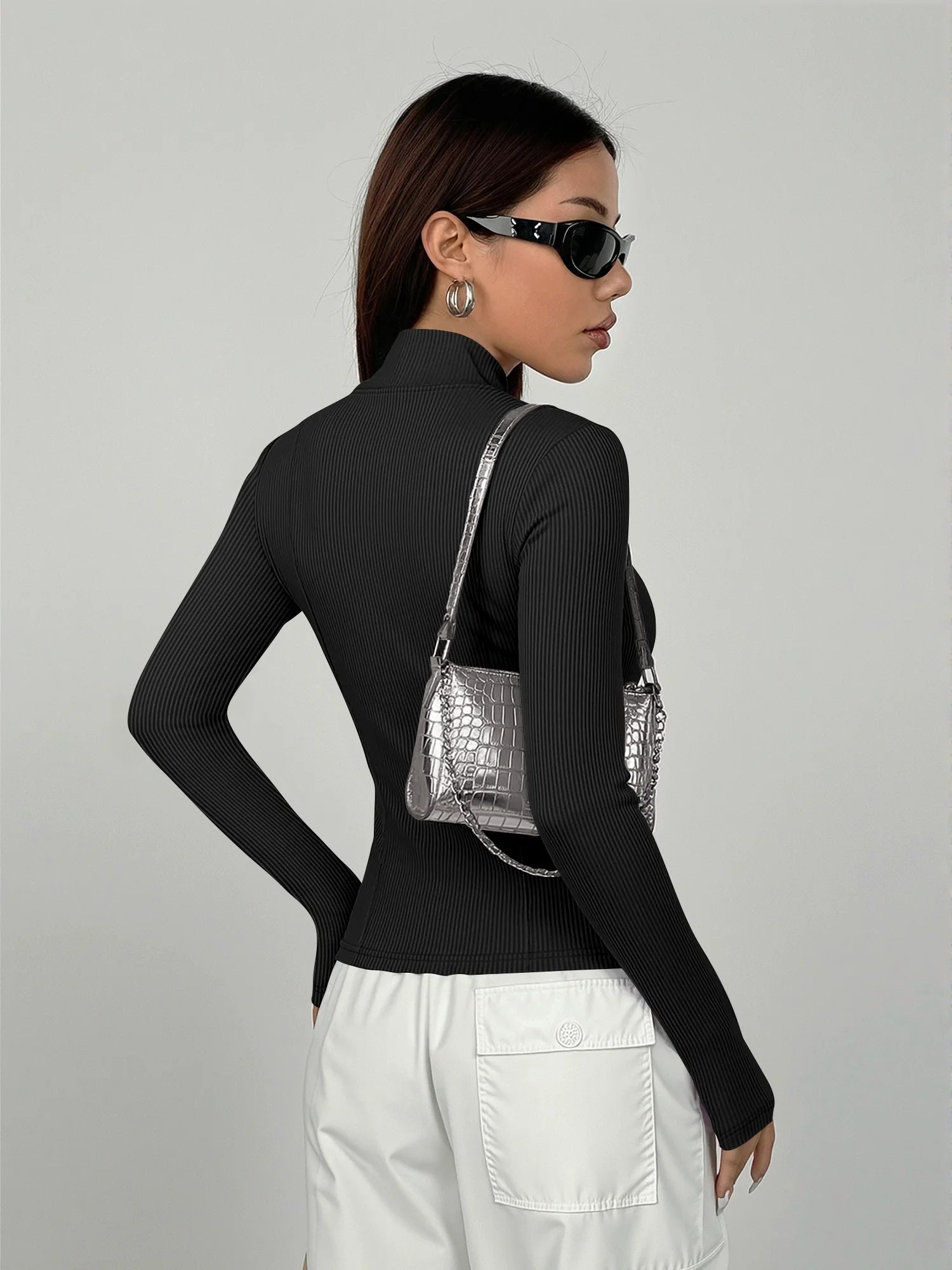 Ribbed Zip-Up Top — Slim Fit Long Sleeve Layer