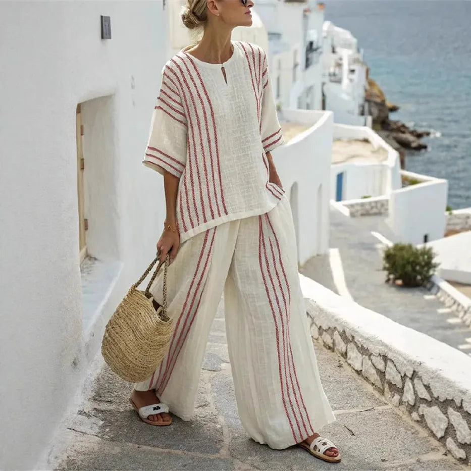 Breezy Cotton Set — Striped Tee & Wide-Leg Pants