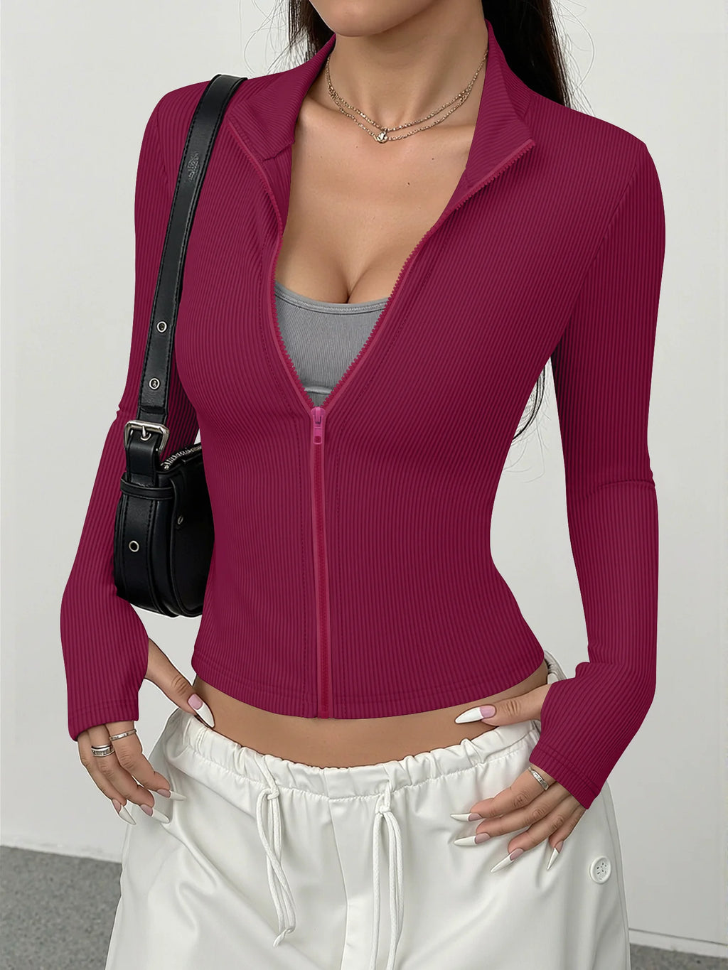 Ribbed Zip-Up Top — Slim Fit Long Sleeve Layer