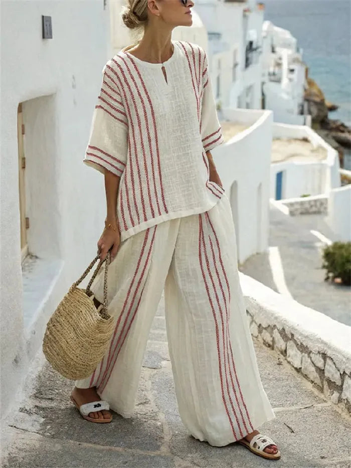 Breezy Cotton Set — Striped Tee & Wide-Leg Pants