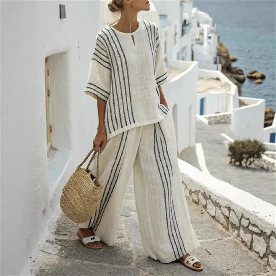 Breezy Cotton Set — Striped Tee & Wide-Leg Pants